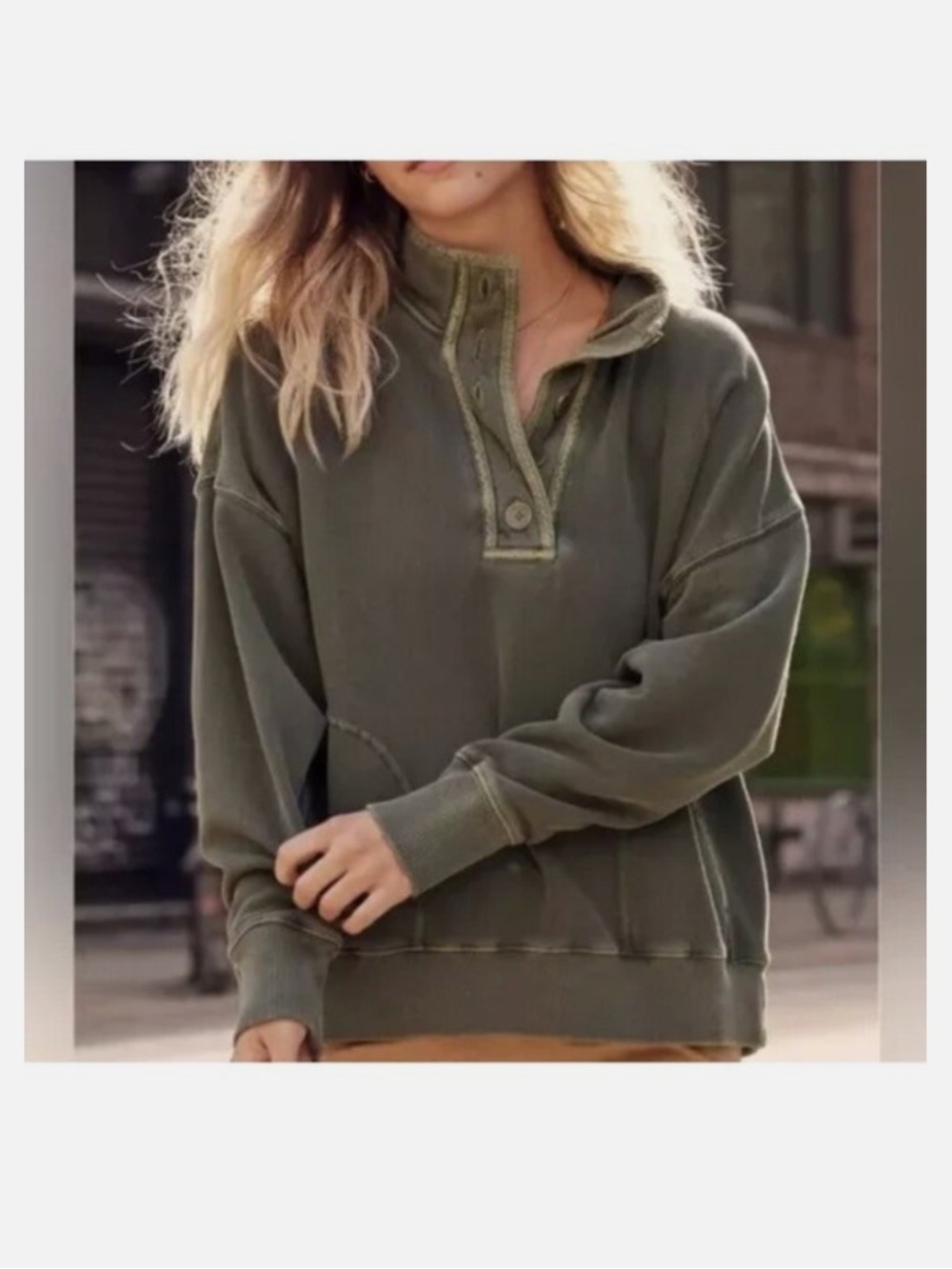 Aerie Quarter Button Olive Green Sweatshirt - Picture 7 of 8